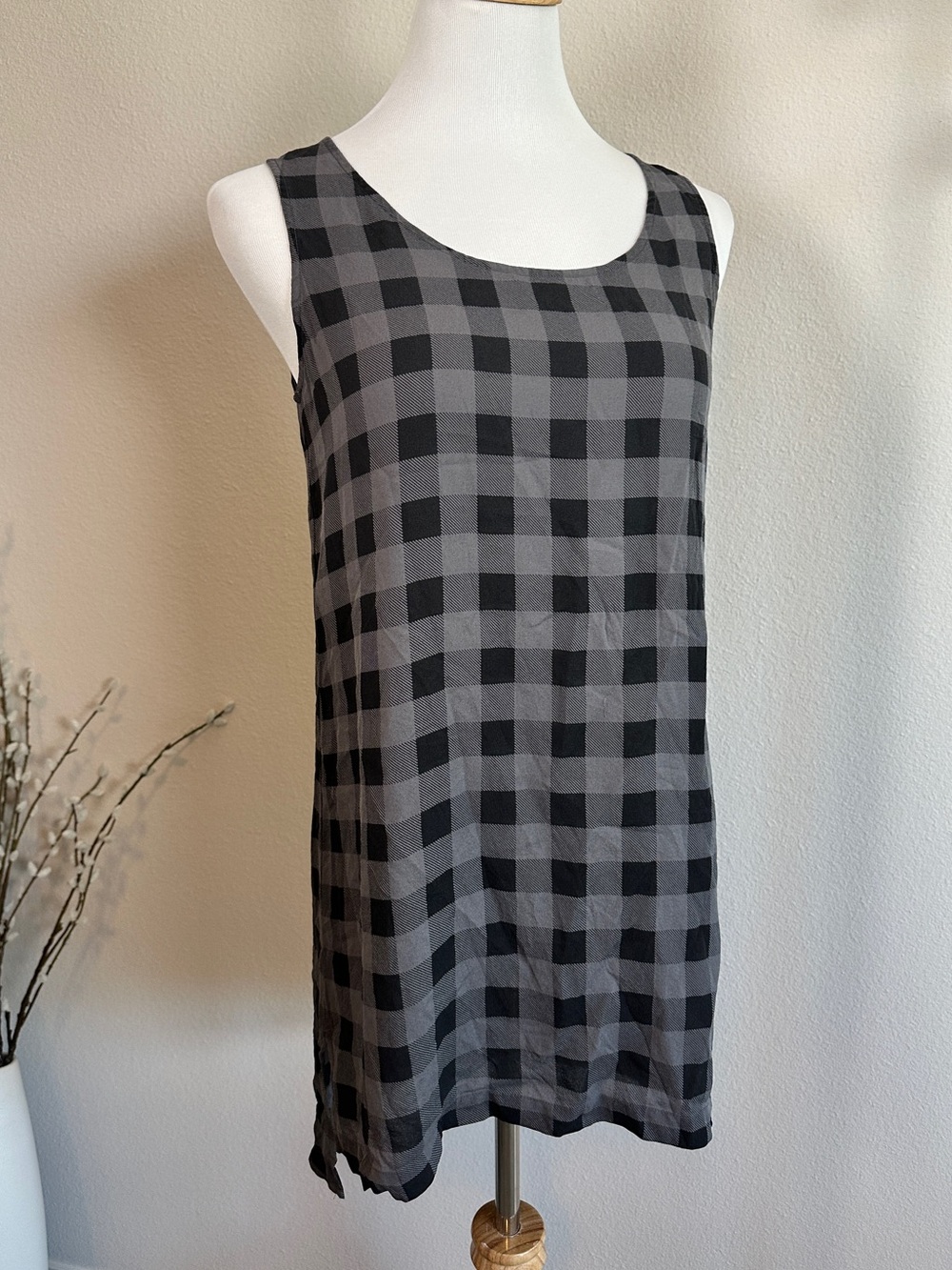Eileen Fisher Black and Gray Plaid Sleeveless Mini Dress or Tunic
